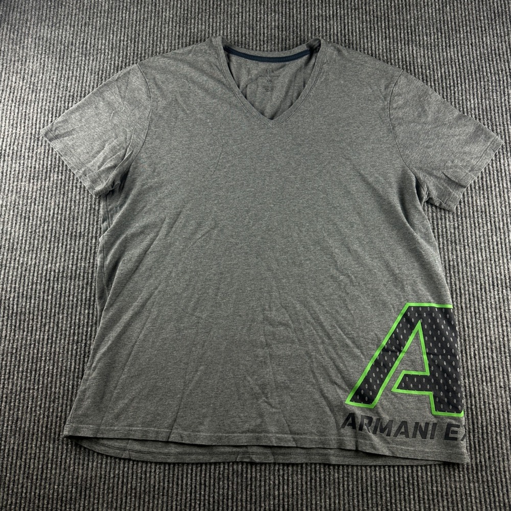 Armani Exchange Mens XXL Slim Fit V-Neck T-Shirt Gray Neon Green Logo Graphic